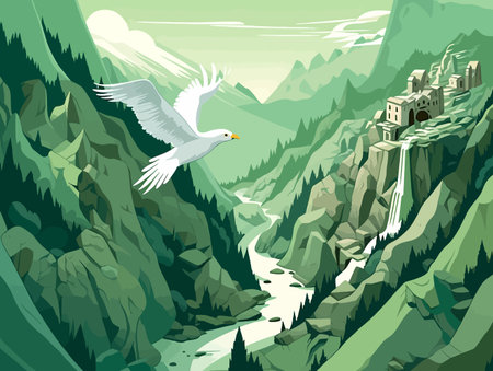 Fantasy Escapes: A Surreal Flat Perspective Illustration with Clear Bird Art in White and Greenのイラスト素材