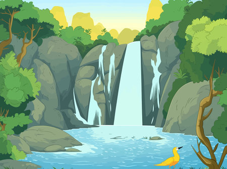 Jungle Cascade: A Tropical Waterfall Illustration with Playful Characters and Birdsのイラスト素材