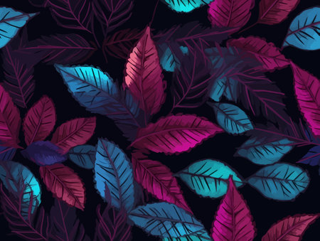 Enchanted Garden: A Dark and Dreamy Watercolor Floral Pattern of Purple and Pink Leaves on a Black Backgroundのイラスト素材