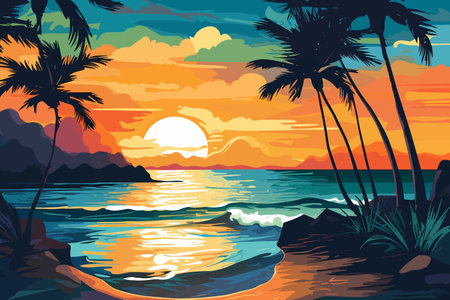 Tropical Fantasy: A Cartoon of a Serene Beach with Calm Waters and Nature-Inspired Imageryのイラスト素材