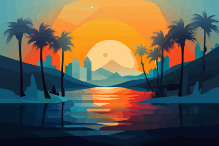 Paradise Escape: A Vibrant Cartoon of the Beach and Palm Trees with Spectacular Backdropsのイラスト素材