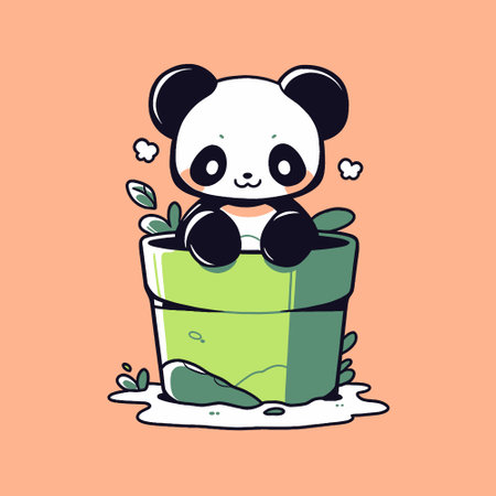 Panda on the Cup: A Delightful Flat Artwork of a Panda Perched on a Cupのイラスト素材