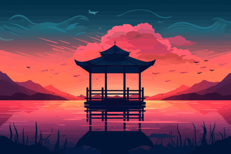 A Perfect Harmony of Nature and Art: A Minimalist Illustration of a Torii Gate in a Coastal Landscape with Soft Pink and Red Huesのイラスト素材