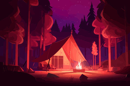 Campfire Glow: A Vivid Graphic Illustration of a Tent and Fireplace Under a Hazy Night Skyのイラスト素材