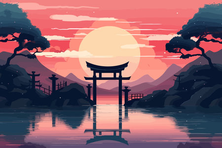 A Dreamy Coastal Escape: A Minimalist Illustration of a Tranquil Torii Gate with Soft Pink and Red Huesのイラスト素材