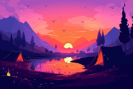 Camping Adventure: A Playful Modern Art Illustration of a Tent and Fire on a Grassy Field at Sunset, with a Dark Violet Color Schemeのイラスト素材