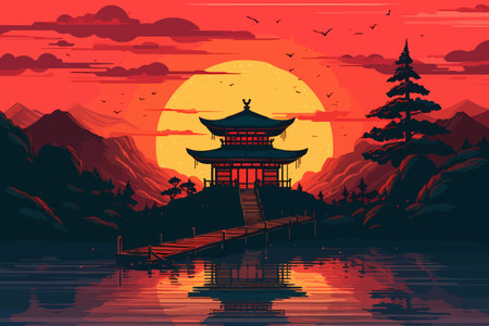 A Minimalist Coastal Gem: A Dreamy Illustration of a Torii Gateのイラスト素材