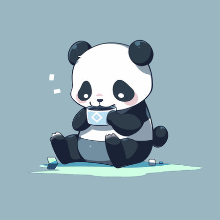 Cute Sips: A Flat Color Kawaii Panda Enjoying a Small Cup of Teaのイラスト素材