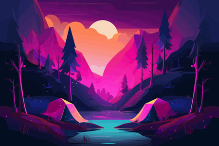 Bonfire Night: A Romantic and Organic Landscape with Soft Light Purple and Dark Navy, Featuring a Tent and Campfireのイラスト素材