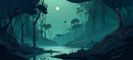 Enchanted Nightscape: A Fluid Cartoon Forest in Luminescent Greensのイラスト素材