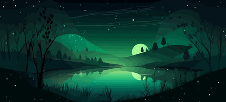 Enchanted Greenery: A Romantic Cartoon Forest in the Nightのイラスト素材