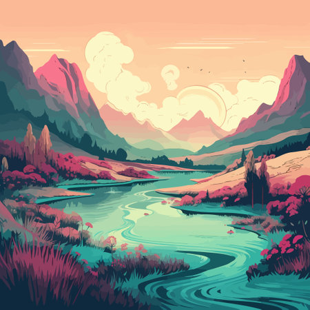 A Nature's Palette: A Scenic Mountain Landscape with a Gradient of Maroon and Teal and Lush Vegetationのイラスト素材