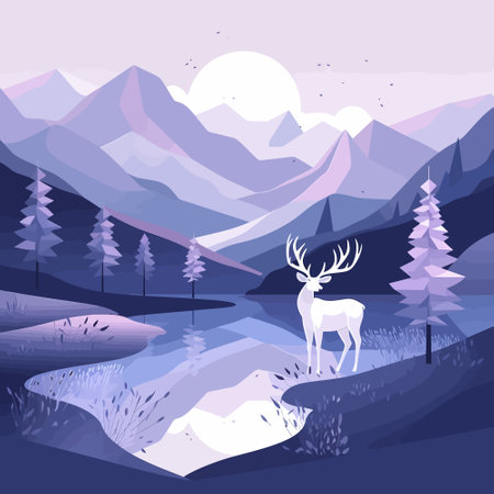 Nature's Harmony: A Peaceful Mountain Landscape with Deer in Pastel Tonesのイラスト素材