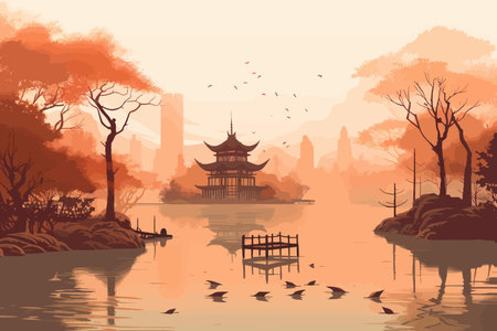 Peaceful Waters: A Lightly Illustrated Lake with a Temple in Viewのイラスト素材