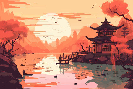 Zen Oasis: A Tranquil Temple on a Lake in a Warm Color Paletteのイラスト素材