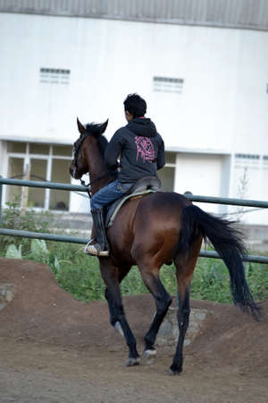 bandung, indonesia-may 31, 2014-young boy learn to riding a horse in arcamanik horse race arenaのeditorial素材
