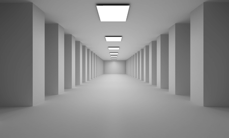 Long 3D passage with flat white lights  on ceiling and many columnsの写真素材