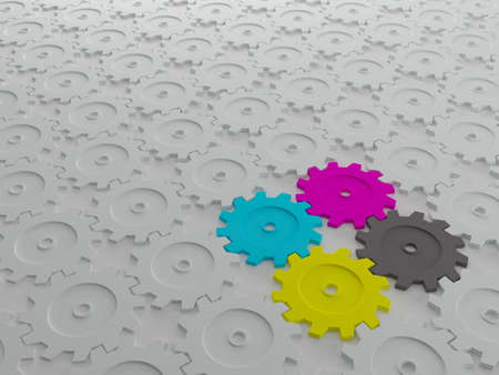 3D White Gears Pattern with CMYK Gears Inside on Floorの写真素材