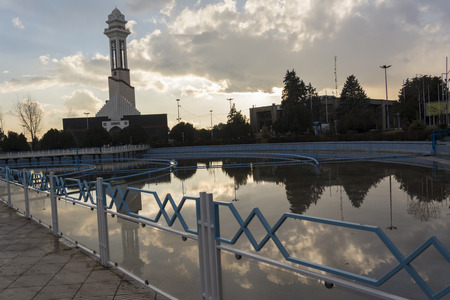 Tehran International Permanent Fairground, Decorated Metal Fence with Reflection of  Minaret  in...