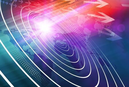 Graphical digital news background with world map and concenteric waves circles. 3d Illustration, 3d Renderの写真素材