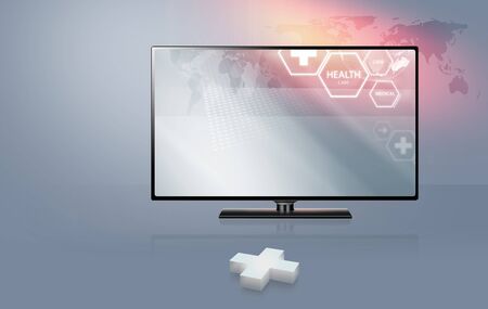 3D plus sign with modern flat  screen TV with health car background.Clipping path included. 3d illustrationの写真素材