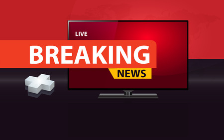 3D plus sign with modern flat  screen TV, health care breaking news concept.