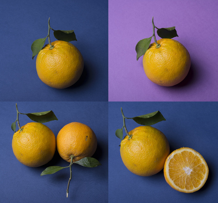 Oranges and slice with stem and leaves on different dark blue and purple background. 