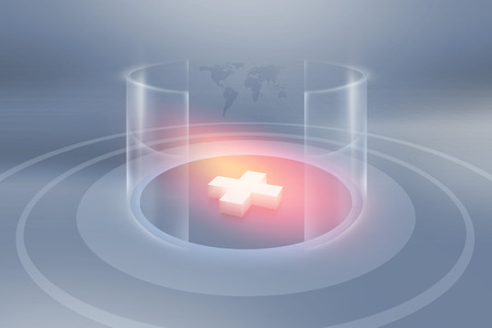 3d plus sign inside cylindrical transparent bend walls studio space, suitable for healthcare and medical backgroundの写真素材