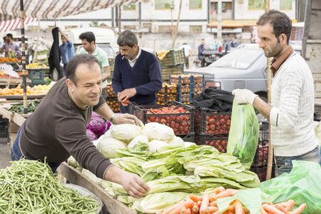 Gilan Province- Khomam  IRAN-March 25, 2018- Daily bazaar at Khomam young man picking lettuce, Gilan provinceのeditorial素材