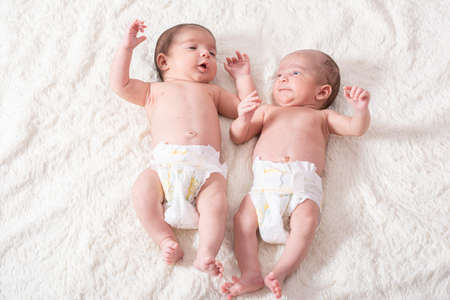 One month newborn twin babies resting on white blanket, close up top viewpoint shotの写真素材