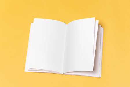 Opened book-catalog with blank pages on yellow background, mock-up series template ready for your...