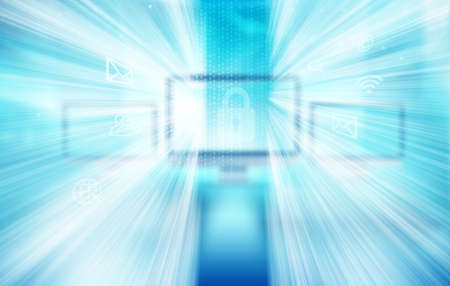 Digital data technology background, monitor with binary codes and Internet icons
