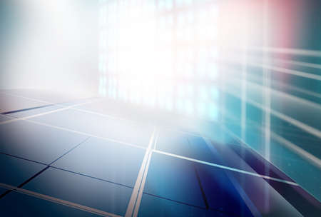 Modern 3d space with ground and LED lights on back wall, product presentation backdrop. 3d illustrationの写真素材