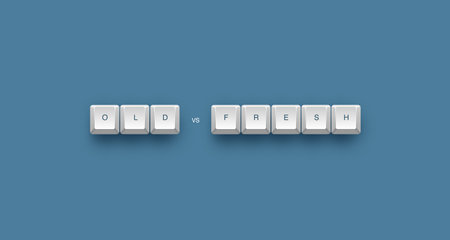 Old vs fresh text on a 3d keyboard button with shadow, 3d illustrationの写真素材