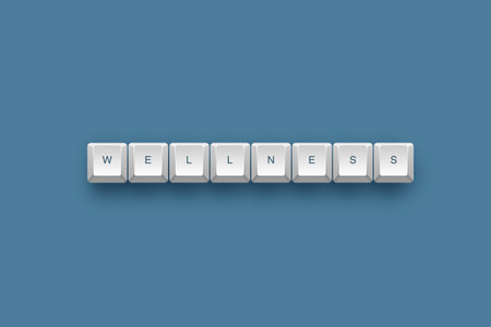 Wellness text on a 3d keyboard button with shadow, 3d illustrationの写真素材