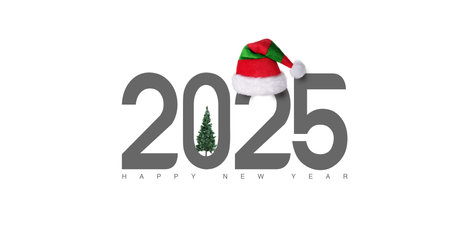 2025 New year text concept with pine tree and santa hat. 3d illustration