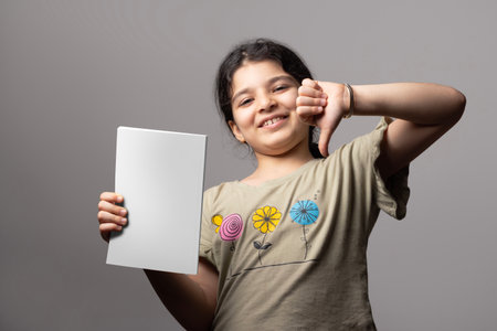Happy girl showing dislike for book with blank cover, cover selecion path included.の写真素材
