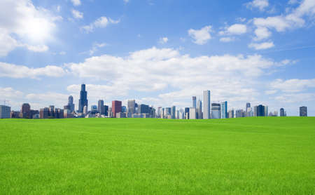 Green grass and  downtownの写真素材