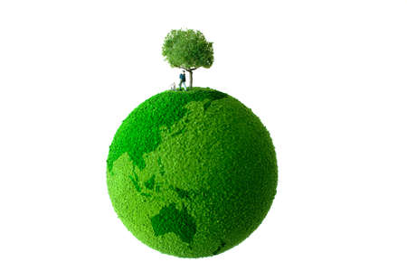 Green planet with man and dogの写真素材