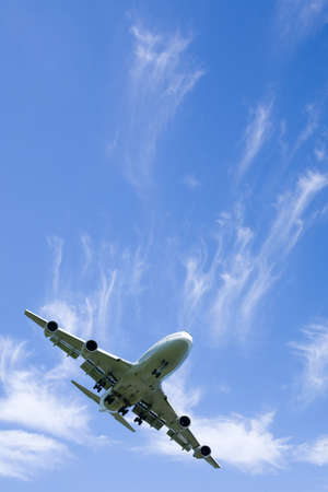 An airplane flying in the blue sky