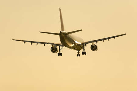 An airplane flying in the orange skyの写真素材
