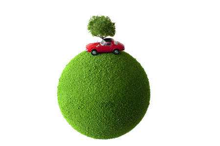 Red car on green planetの写真素材