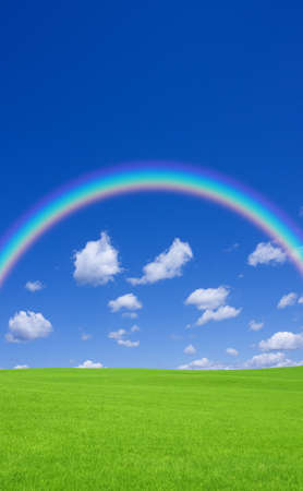 Green grass and rainbowの写真素材