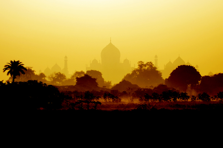 Taj Mahal on a foggy morning in Indiaの写真素材
