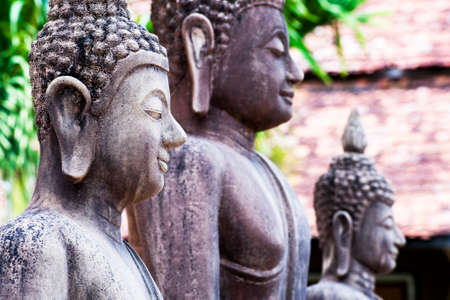 Side faces of stone buddha statuesの写真素材