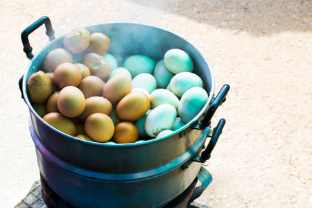 Boiled eggs selling in the local street market in Laosの写真素材