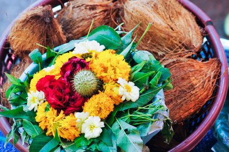 Flower and coconut offerings for Hindu religious ceremonyの写真素材