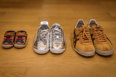 Three different sizes of shoes in a family belong to father, mother, and sonの素材