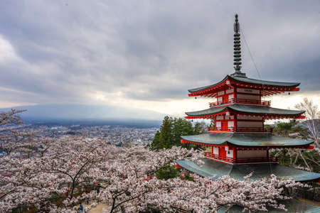 Landscape view from the top of Chureito Pagoda in Lake Kawaguchi, Fujiyoshida, Japanのeditorial素材