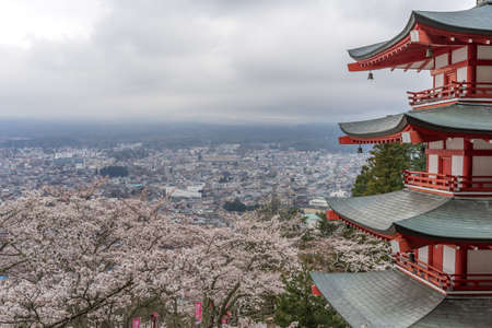 Landscape view from the top of Chureito Pagoda in Kawaguchi-ko, Fujiyoshida, Japanのeditorial素材